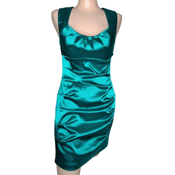 Y2K Ruched Satin Bodycon Cocktail Mini Dress 8 Open Back Fairy Grunge Glam - Picture 1 of 5